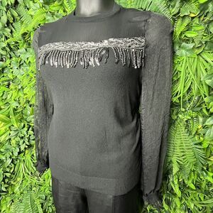 Ontwelfth Tops Women XL‎ Black Sweater Blouse With Sequins Sheer Sleeve  0145